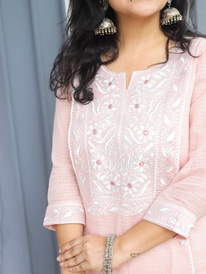 Sara Pastel Peach Chikankari Kota Doriya Kurti