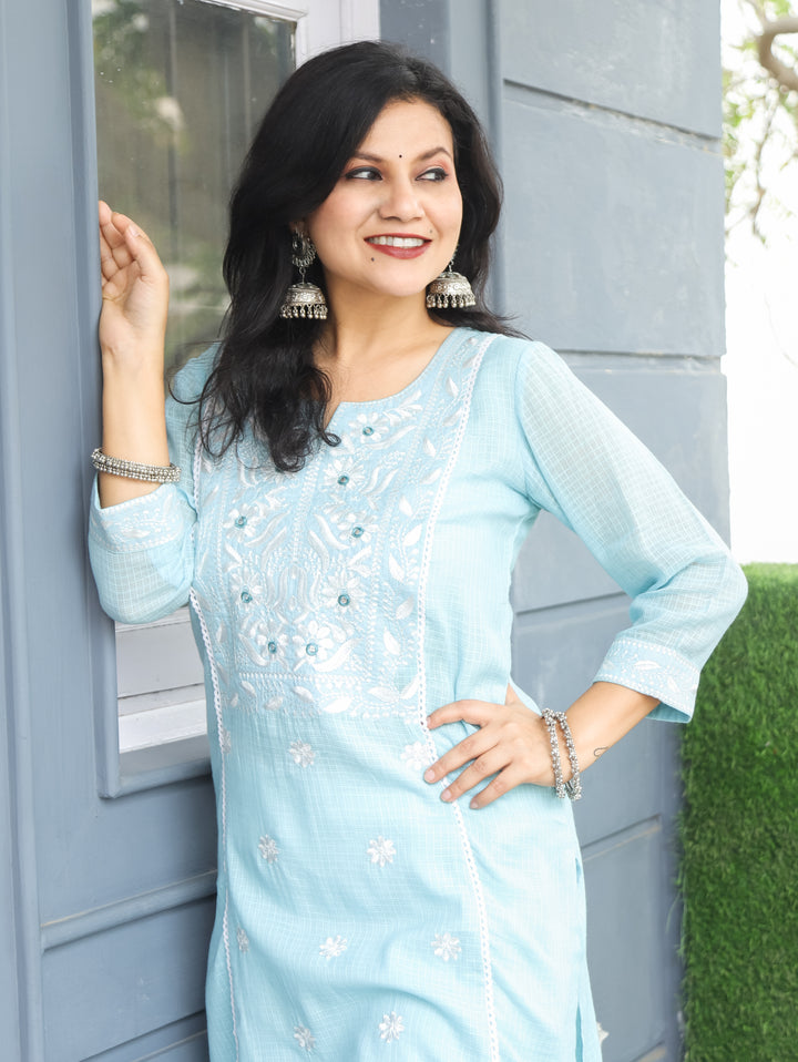 Sara Powder Blue Chikankari Kota Doriya Kurti