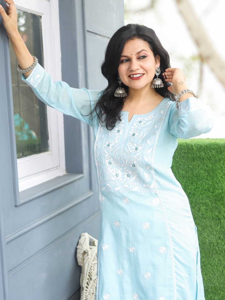 Sara Powder Blue Chikankari Kota Doriya Kurti