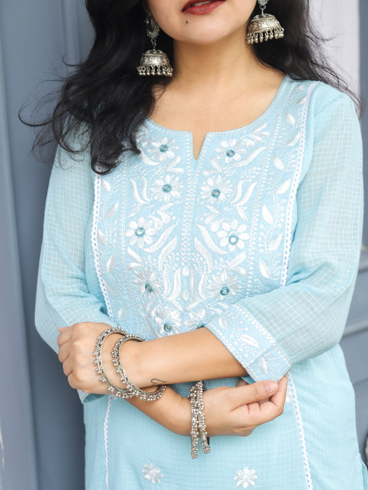 Sara Powder Blue Chikankari Kota Doriya Kurti
