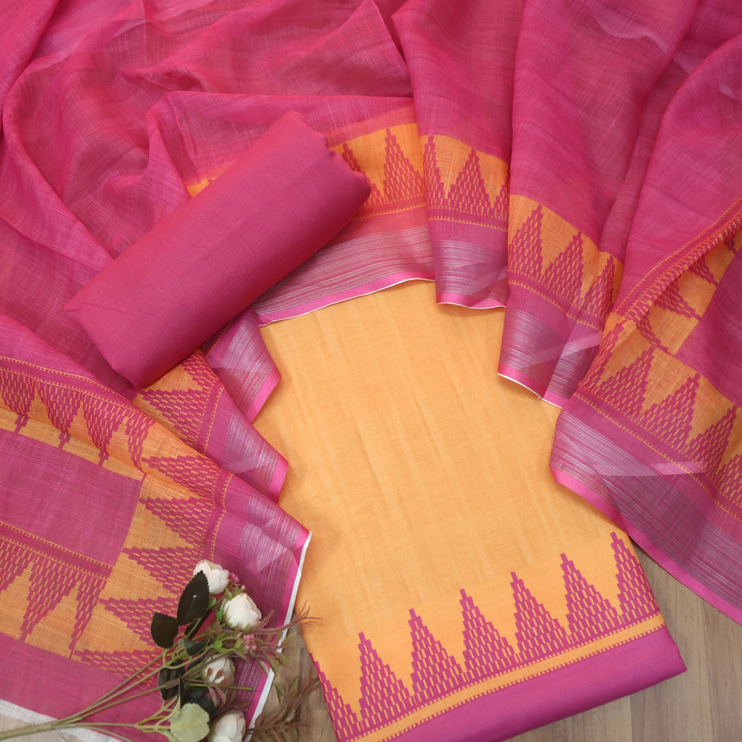 Rooprani Sunset Yellow Temple Hem Print in South Cotton Linen Suit Set