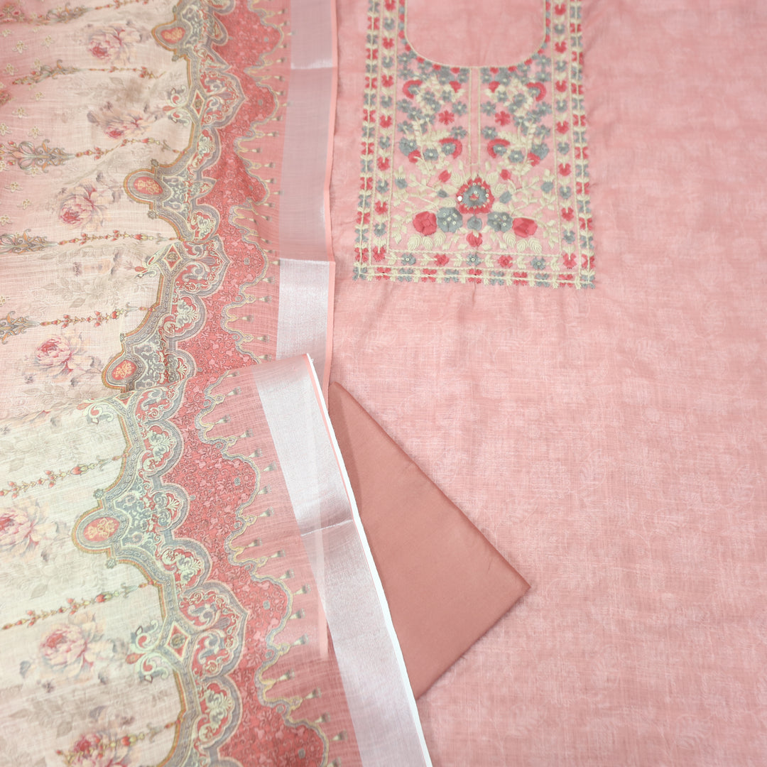 Bloom Petal Pink Thread Embroidered Self Printed Cotton Linen Set