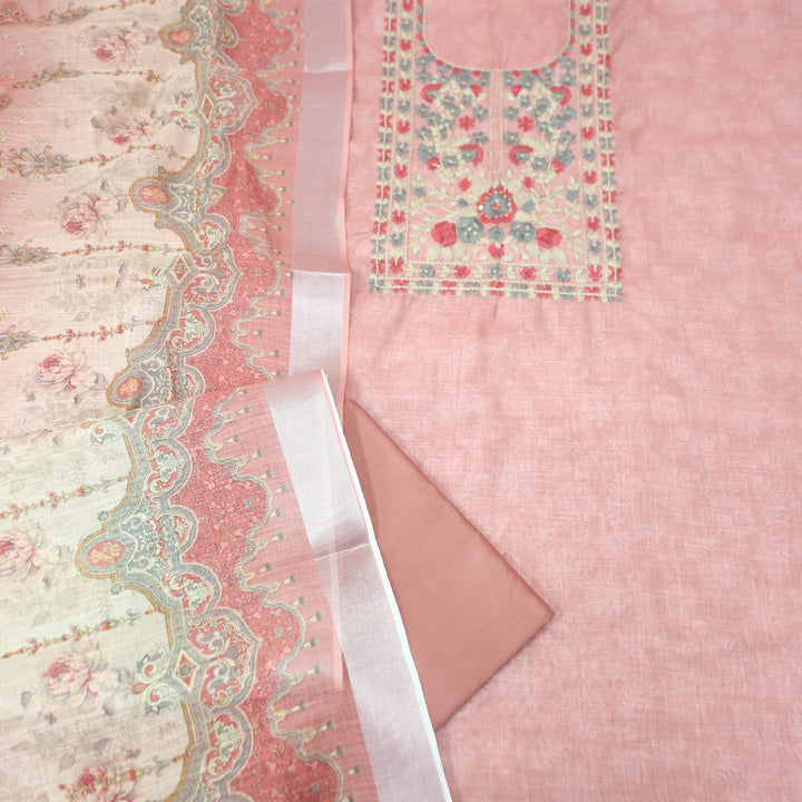 Bloom Petal Pink Thread Embroidered Self Printed Cotton Linen Set