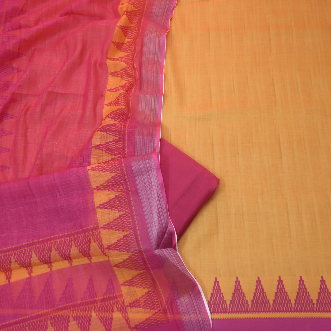 Rooprani Sunset Yellow Temple Hem Print in South Cotton Linen Suit Set