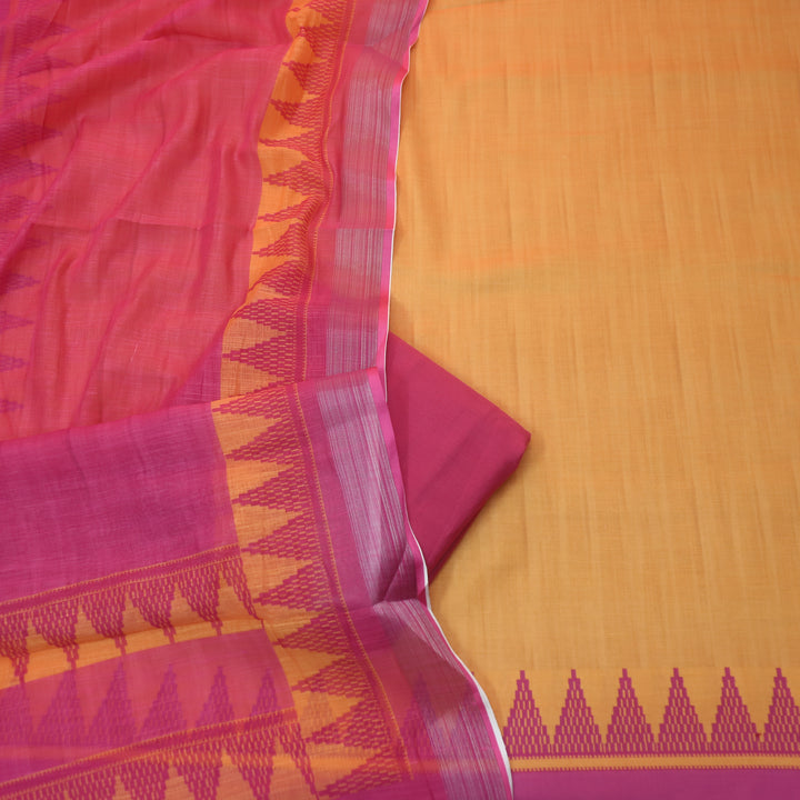 Rooprani Sunset Yellow Temple Hem Print in South Cotton Linen Suit Set