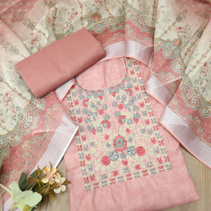 Bloom Petal Pink Thread Embroidered Self Printed Cotton Linen Set
