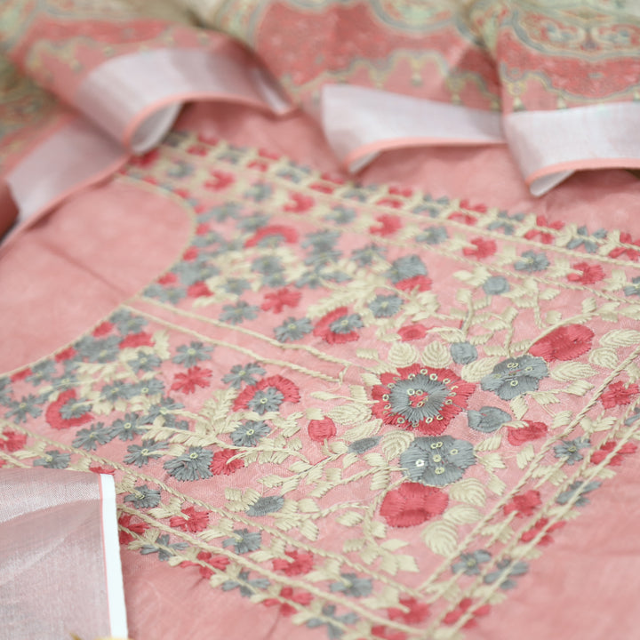 Bloom Petal Pink Thread Embroidered Self Printed Cotton Linen Set