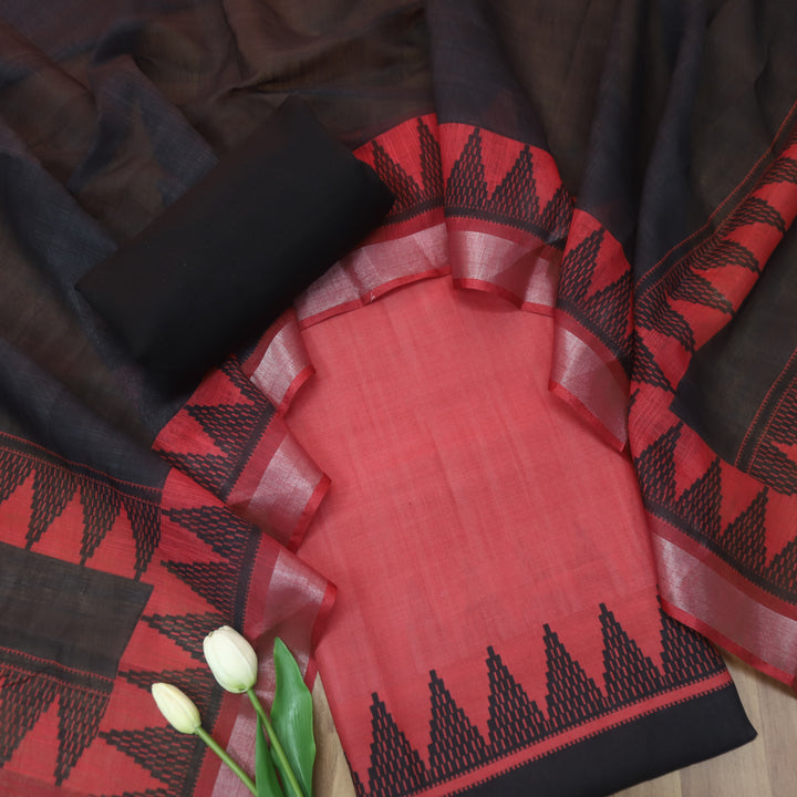 Rooprani Cranberry Red Temple Hem Print in South Cotton Linen Suit Set