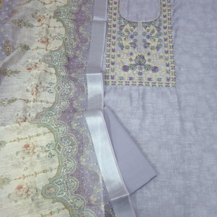 Bloom Tulip Lilac Thread Embroidered Self Printed Cotton Linen Set