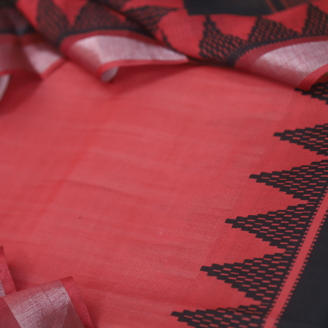 Rooprani Cranberry Red Temple Hem Print in South Cotton Linen Suit Set