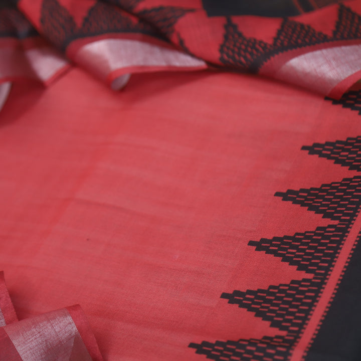 Rooprani Cranberry Red Temple Hem Print in South Cotton Linen Suit Set