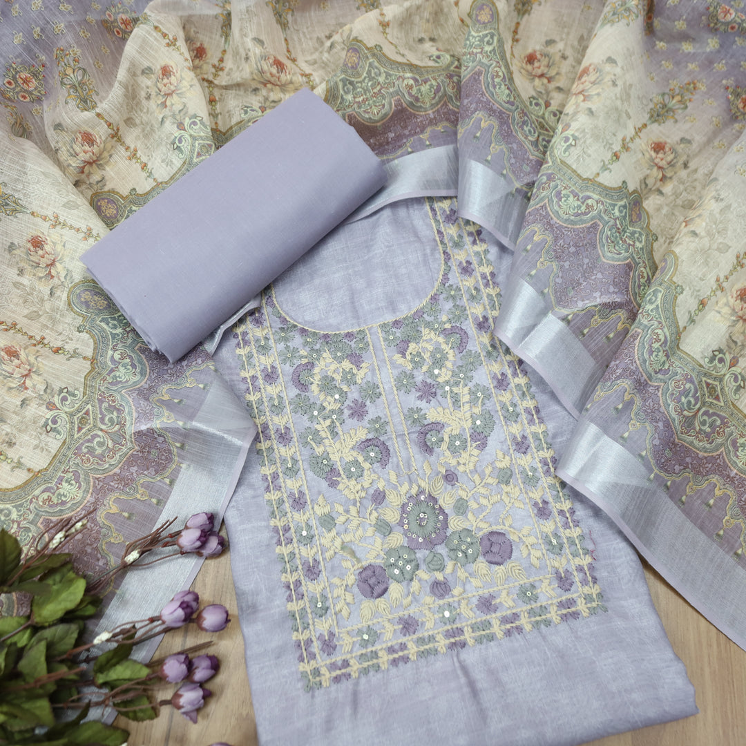 Bloom Tulip Lilac Thread Embroidered Self Printed Cotton Linen Set