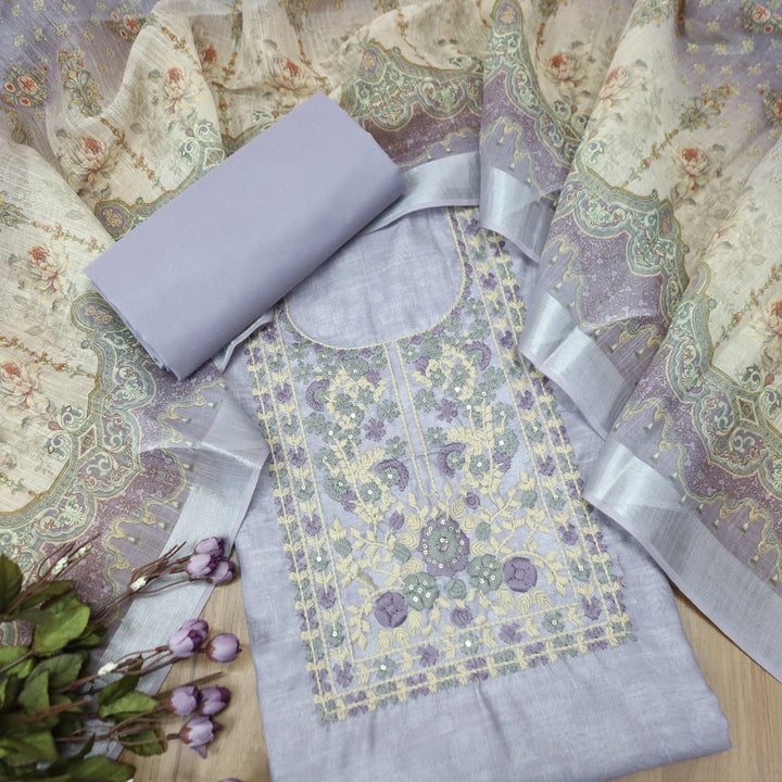 Bloom Tulip Lilac Thread Embroidered Self Printed Cotton Linen Set