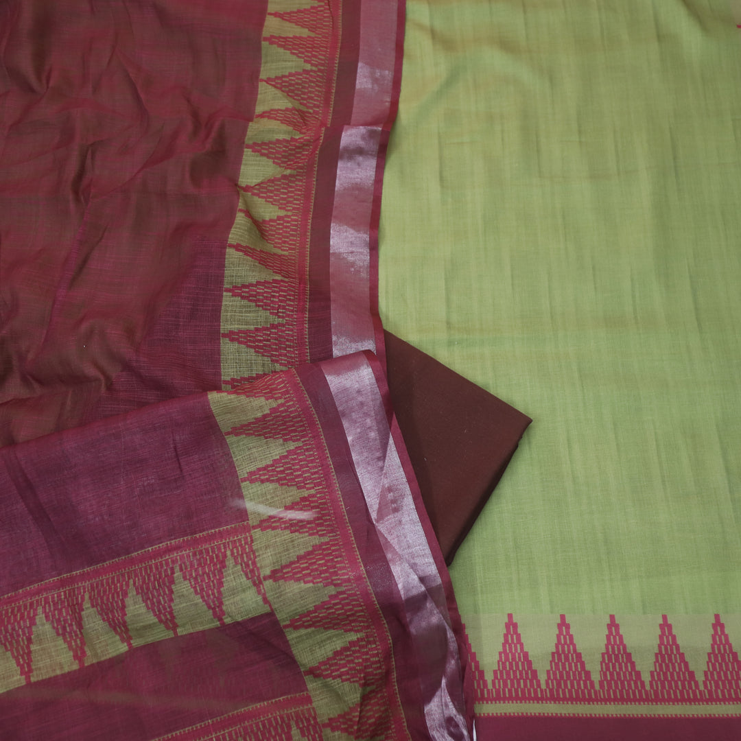Rooprani Castle Green Temple Hem Print in South Cotton Linen Suit Set