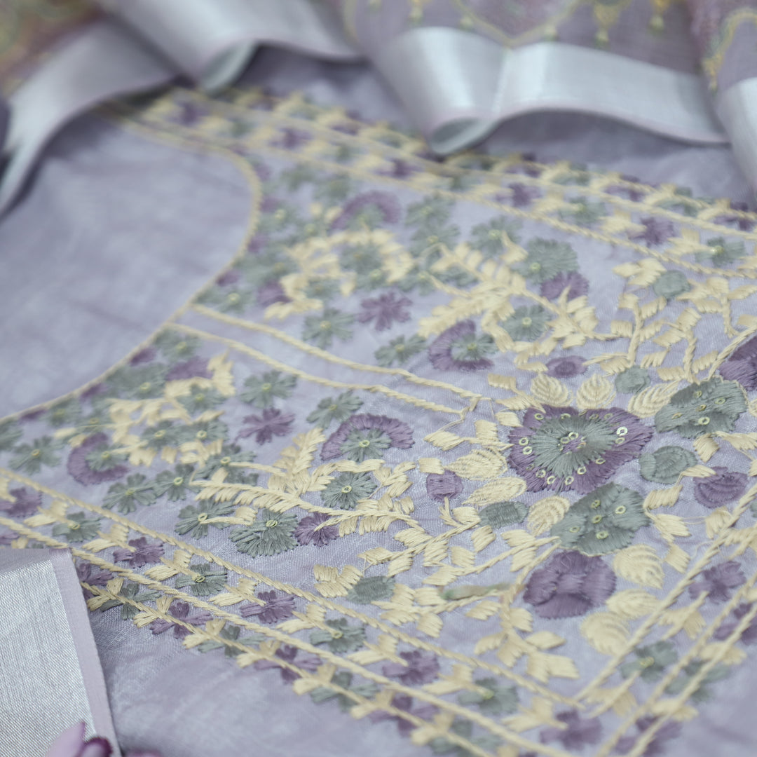 Bloom Tulip Lilac Thread Embroidered Self Printed Cotton Linen Set
