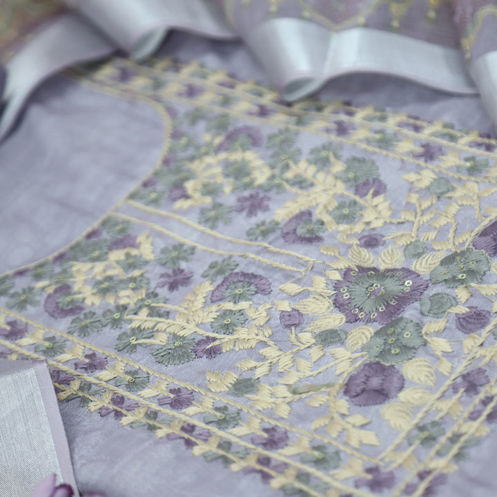 Bloom Tulip Lilac Thread Embroidered Self Printed Cotton Linen Set