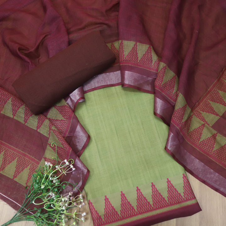 Rooprani Castle Green Temple Hem Print in South Cotton Linen Suit Set