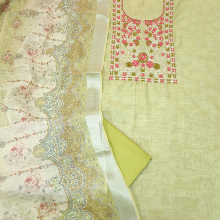 Bloom Buttermilk Yellow Thread Embroidered Self Printed Cotton Linen Set