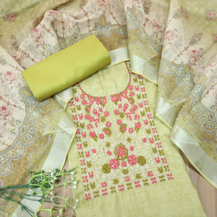 Bloom Buttermilk Yellow Thread Embroidered Self Printed Cotton Linen Set