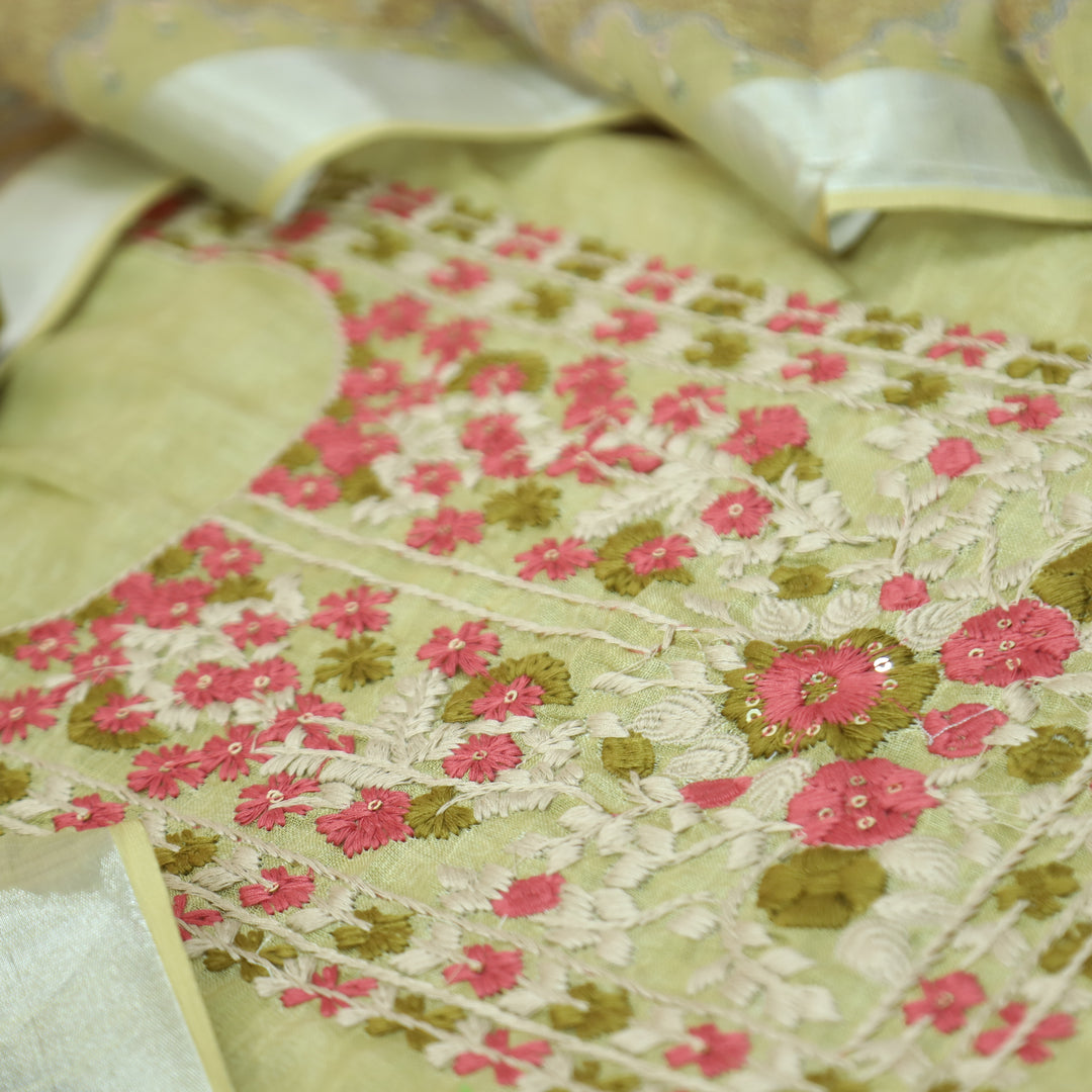 Bloom Buttermilk Yellow Thread Embroidered Self Printed Cotton Linen Set