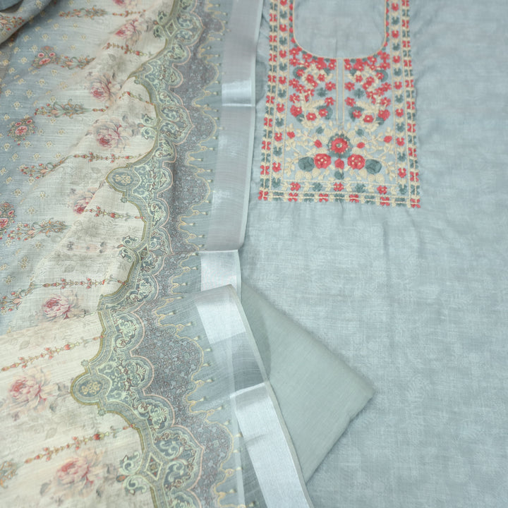 Bloom Sky Grey Thread Embroidered Self Printed Cotton Linen Set