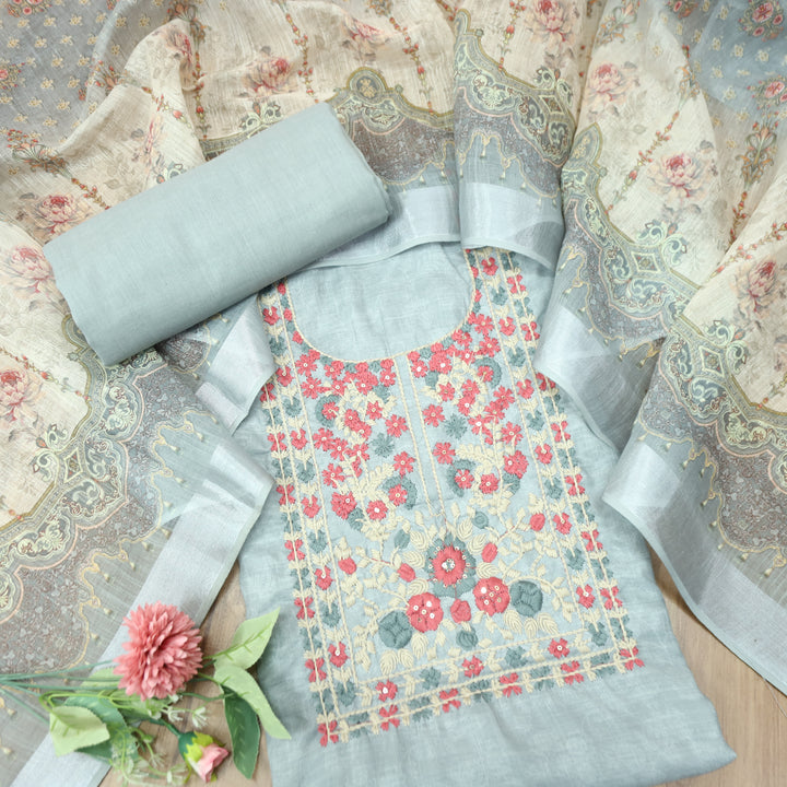 Bloom Sky Grey Thread Embroidered Self Printed Cotton Linen Set