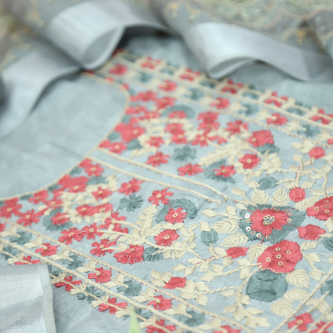 Bloom Sky Grey Thread Embroidered Self Printed Cotton Linen Set