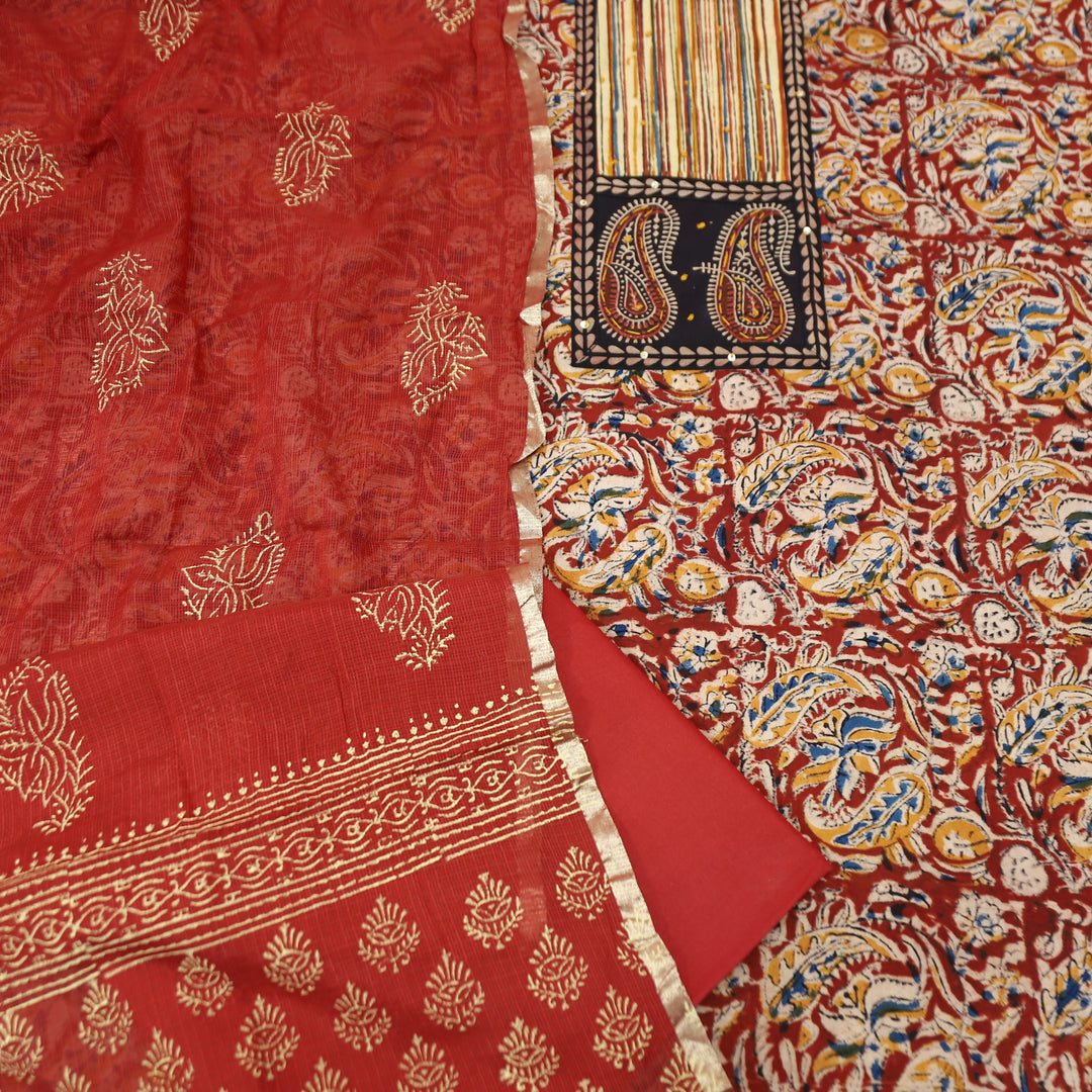 Bloom Cherry Red Paisley Print Yoke Kalamkari Printed Cotton Set