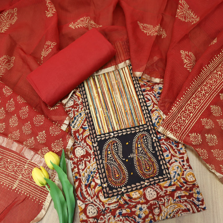 Bloom Cherry Red Paisley Print Yoke Kalamkari Printed Cotton Set