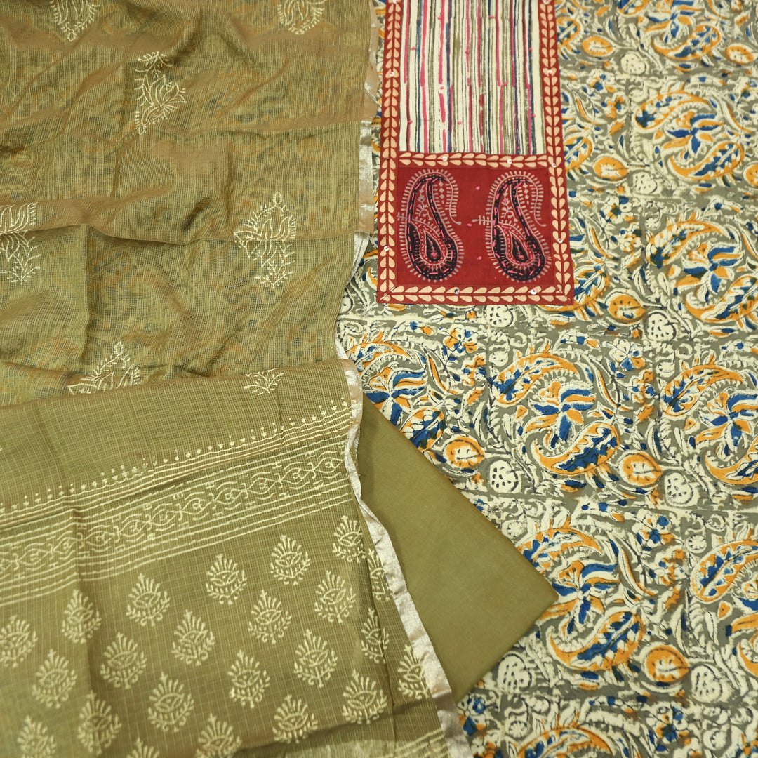 Bloom Olive Green Paisley Print Yoke Kalamkari Printed Cotton Set