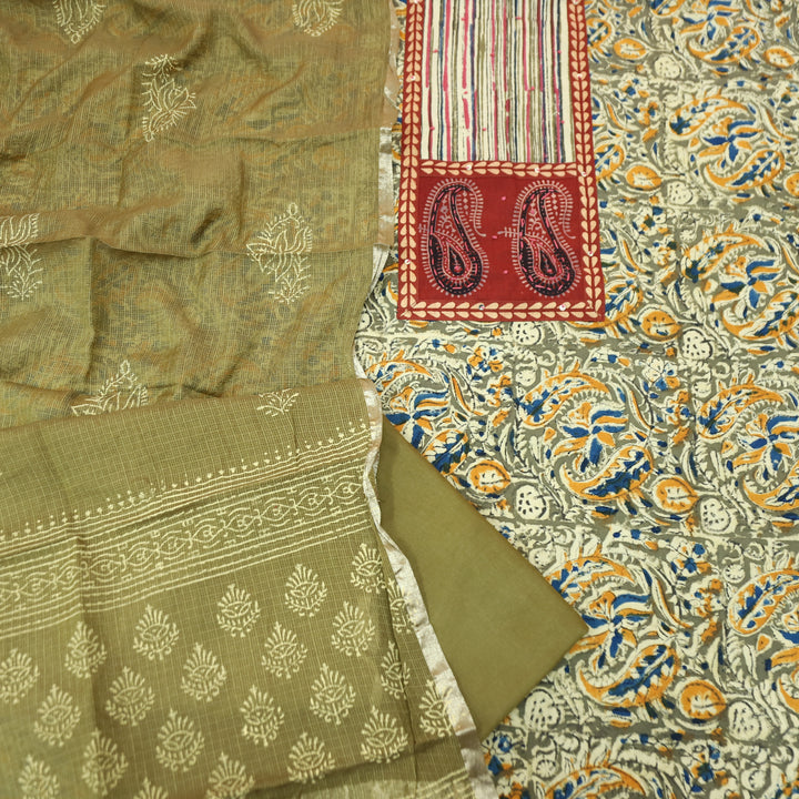 Bloom Olive Green Paisley Print Yoke Kalamkari Printed Cotton Set