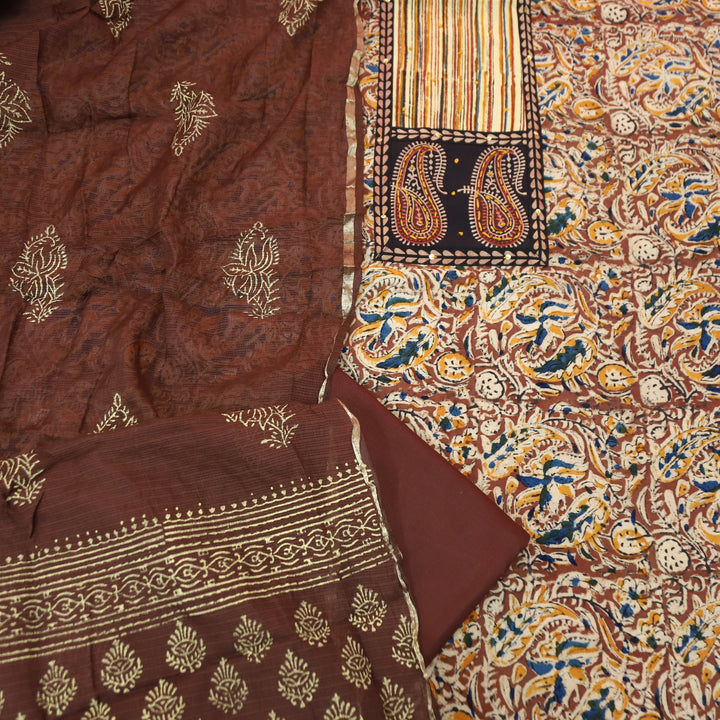 Bloom Coffee Brown Paisley Print Yoke Kalamkari Printed Cotton Set
