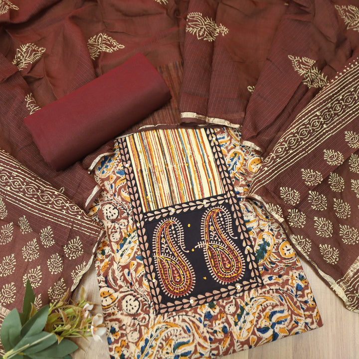 Bloom Coffee Brown Paisley Print Yoke Kalamkari Printed Cotton Set