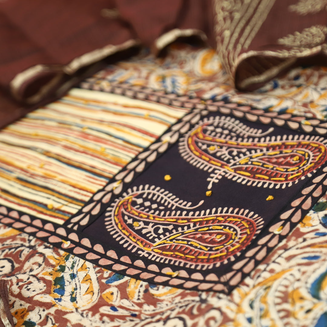 Bloom Coffee Brown Paisley Print Yoke Kalamkari Printed Cotton Set