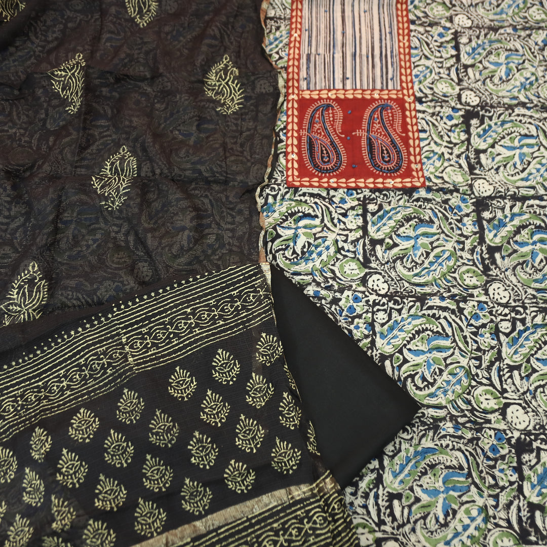 Bloom Faded Black Paisley Print Yoke Kalamkari Printed Cotton Set