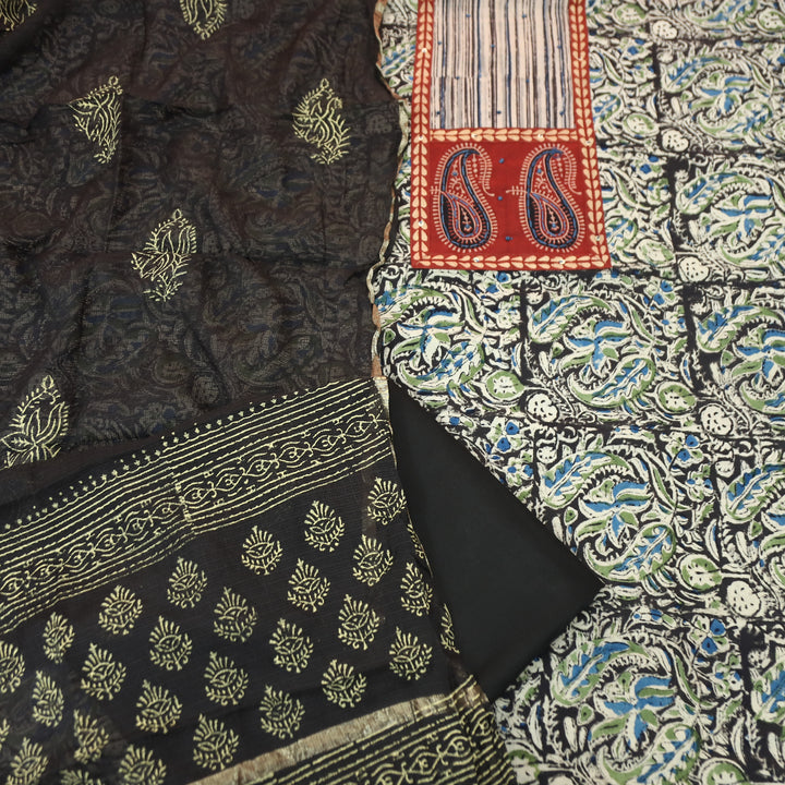Bloom Faded Black Paisley Print Yoke Kalamkari Printed Cotton Set