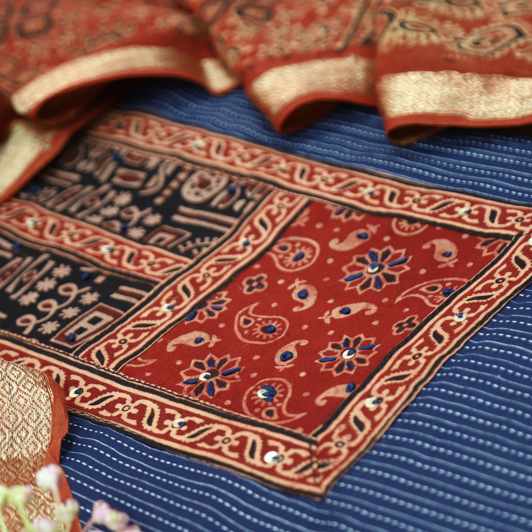 Maahi Denim Blue Mirror Work Yoke in Running Cotton Set