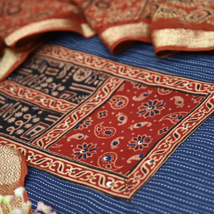 Maahi Denim Blue Mirror Work Yoke in Running Cotton Set