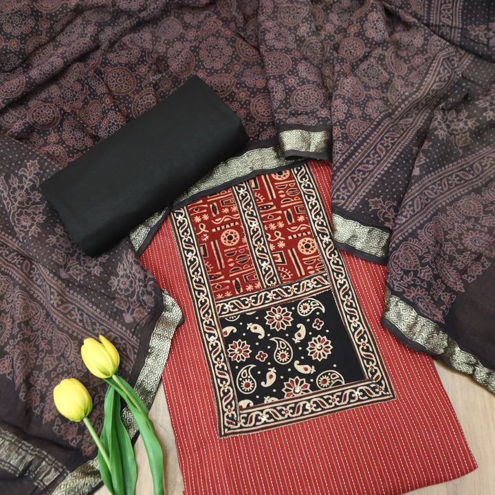 Maahi Cherry Red Mirror Work Yoke in Running Cotton Set