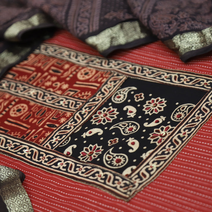Maahi Cherry Red Mirror Work Yoke in Running Cotton Set