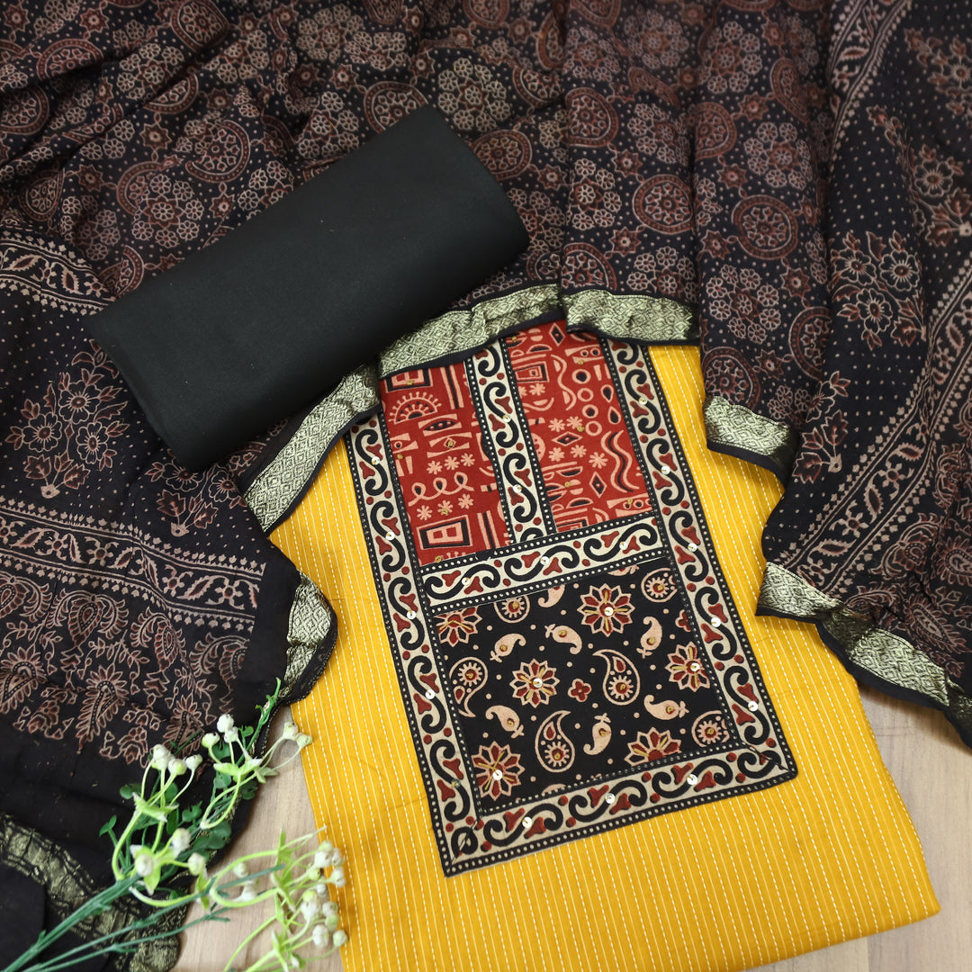 Maahi Corn Yellow Mirror Work Yoke in Running Cotton Set