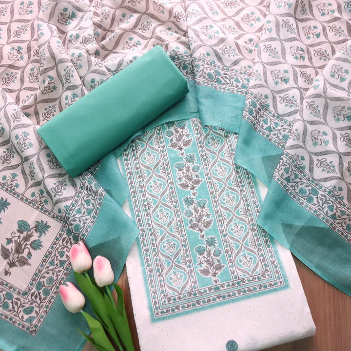 Rua White with Ocean Aqua Floral Print Cotton Schiffli Set