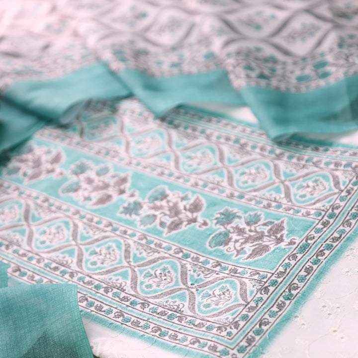 Rua White with Ocean Aqua Floral Print Cotton Schiffli Set