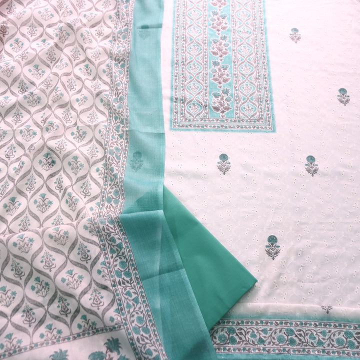 Rua White with Ocean Aqua Floral Print Cotton Schiffli Set