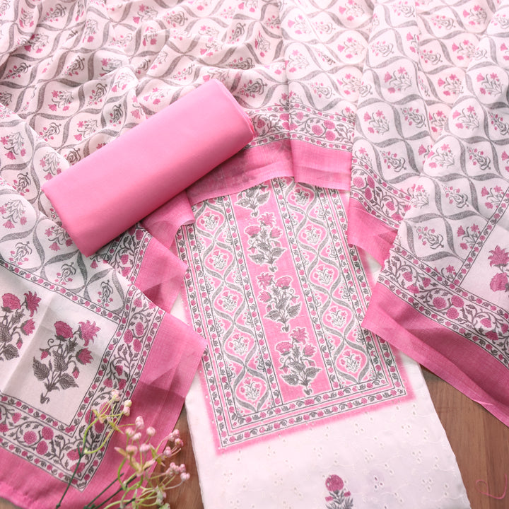 Rua White with Pink Floral Print Cotton Schiffli Set