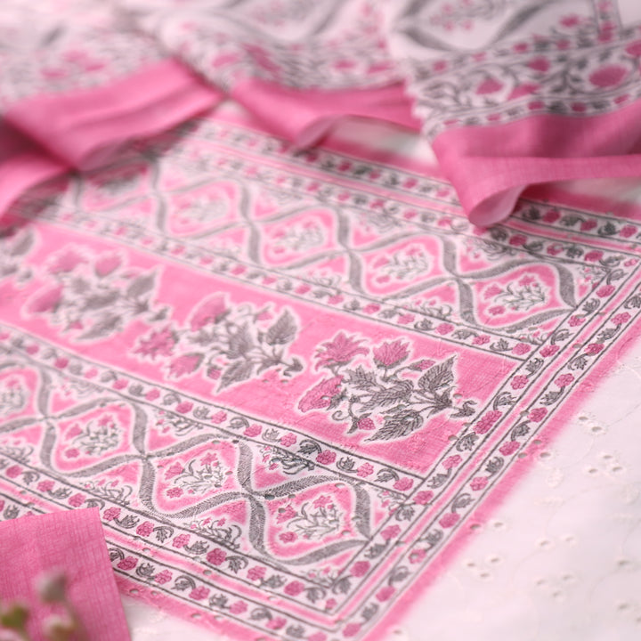 Rua White with Pink Floral Print Cotton Schiffli Set