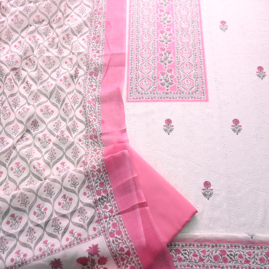 Rua White with Pink Floral Print Cotton Schiffli Set