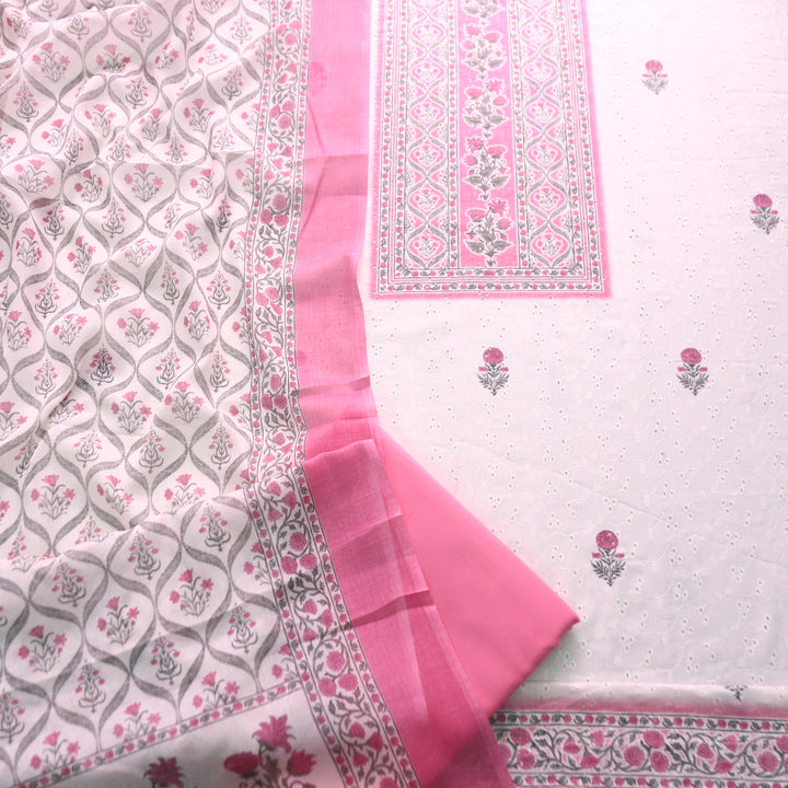 Rua White with Pink Floral Print Cotton Schiffli Set