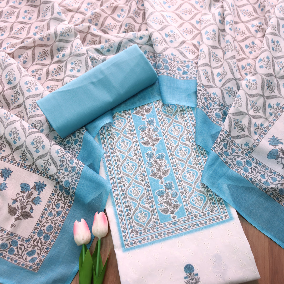Rua White with Powder Blue Floral Print Cotton Schiffli Set