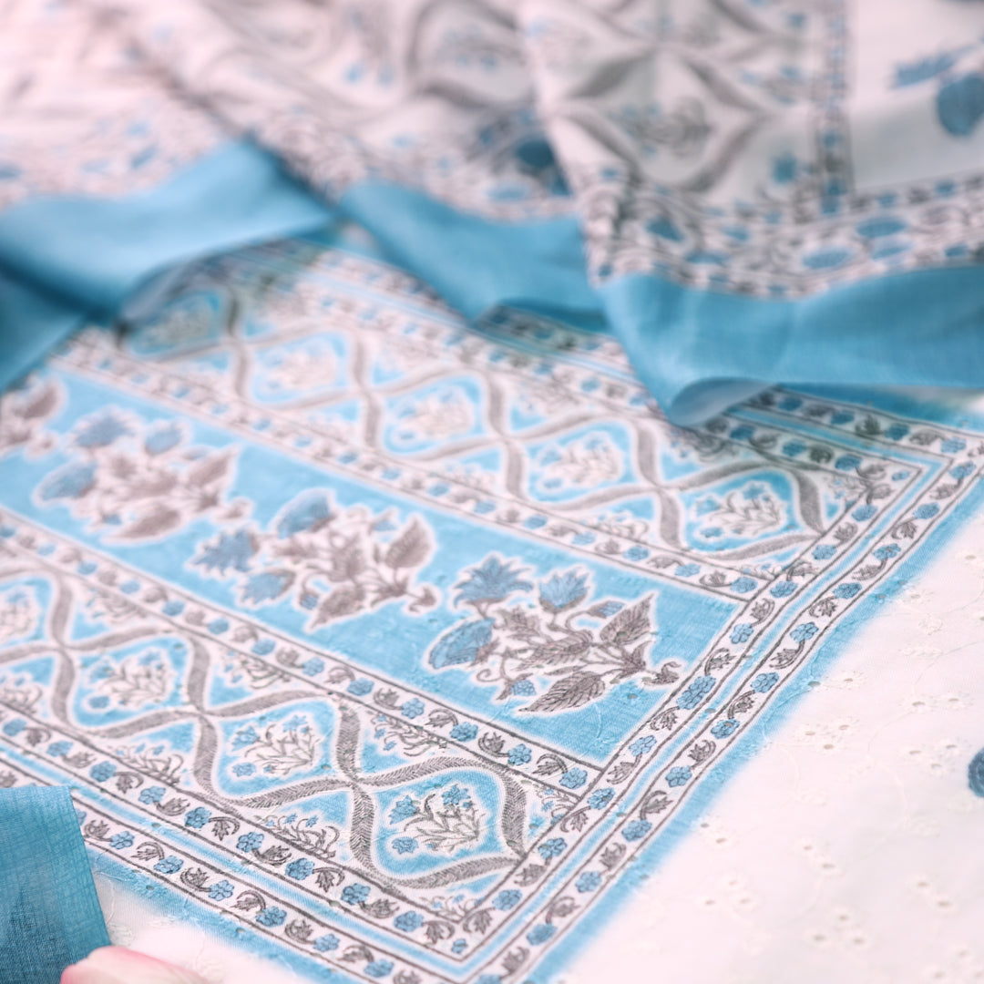Rua White with Powder Blue Floral Print Cotton Schiffli Set